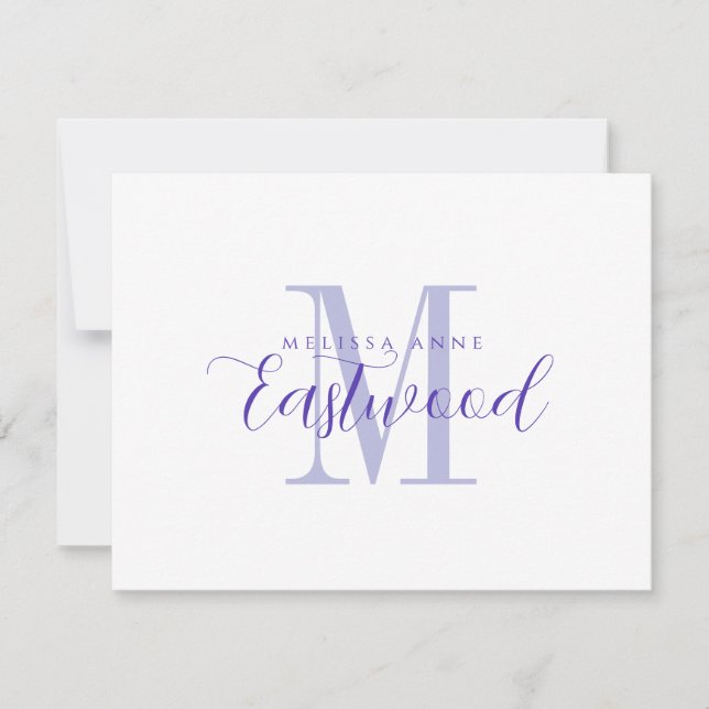 Elegant Script Name Purple Monogram Flat Note Card (Front)