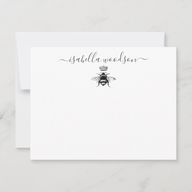 Elegant Script Name Queen Bee Crown Note Card (Front)