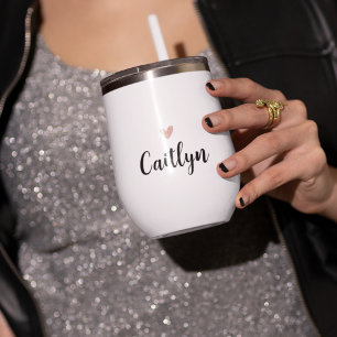 Elegant Script Name & Rose Gold Heart Thermal Wine Tumbler