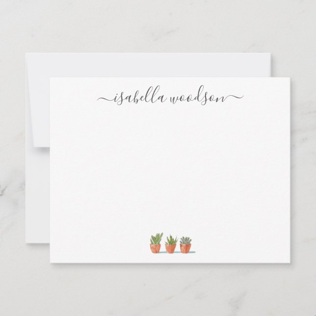 Elegant Script Name Succulent Cactus Note Card (Front)