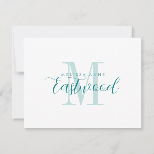 Elegant Script Name Teal Monogram Flat Note Card