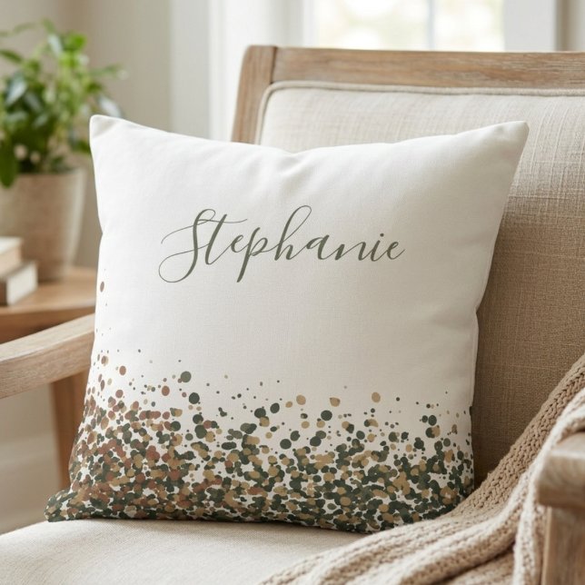 Elegant script name with earthy glitter confetti throw pillow (This soft throw pillow with elegant script and earthy glitter is perfect for a friend’s birthday.)