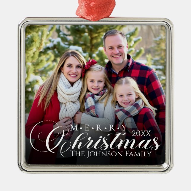 Elegant Script Name Year Family Photo Christmas Metal Ornament (Front)