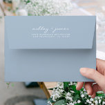 Elegant Script Names Blue Wedding Return Address E Envelope<br><div class="desc">Chic, modern and simple wedding return address envelope with your names in white elegant hand written script on a rendez vous blue background. Simply add your names and address. Exclusively designed for you by Happy Dolphin Studio. If you need any help or matching products please contact us at happydolphinstudio@outlook.com. We're...</div>