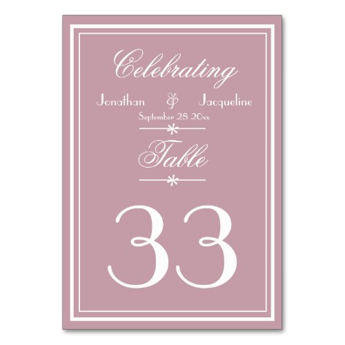 Elegant script names chic dusty pink wedding table number