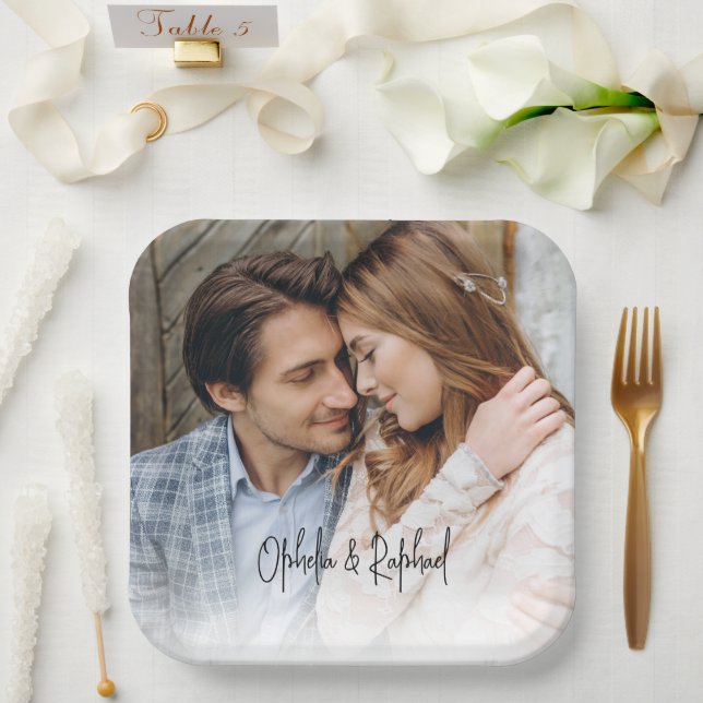 Elegant Script Names Photo Overlay Wedding Paper Plates (Wedding)