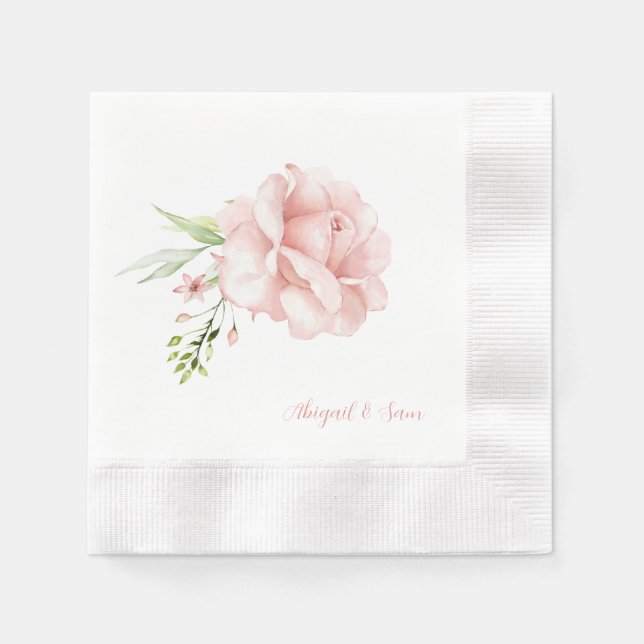 Elegant Script Names Pink Floral Wedding Coined Napkins (Front)
