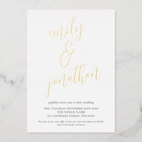 Elegant  Script Names QR Code Wedding Real Foil Foil Invitation