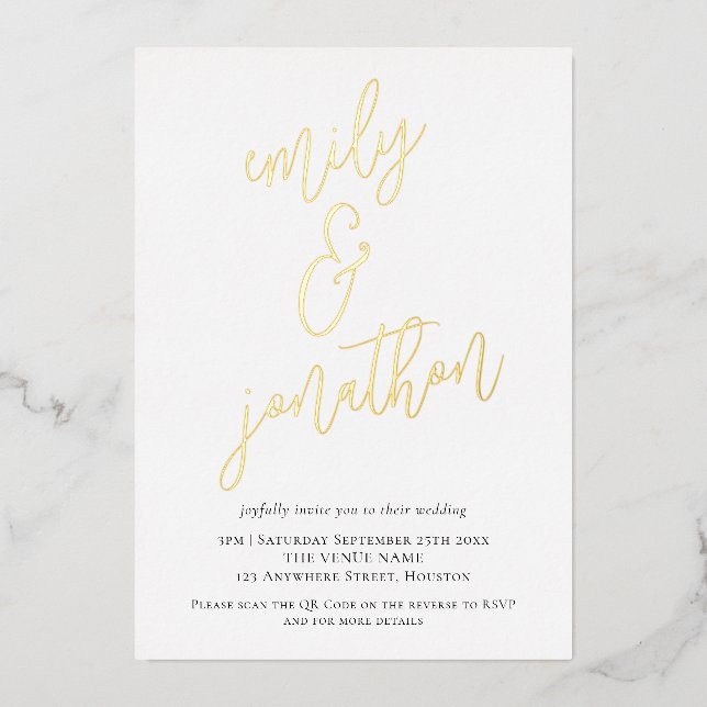 Elegant  Script Names QR Code Wedding Real Foil Foil Invitation (Front)
