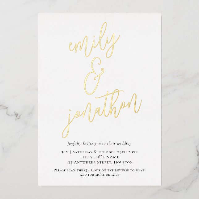 Elegant  Script Names QR Code Wedding Real Foil Invitation (Front)