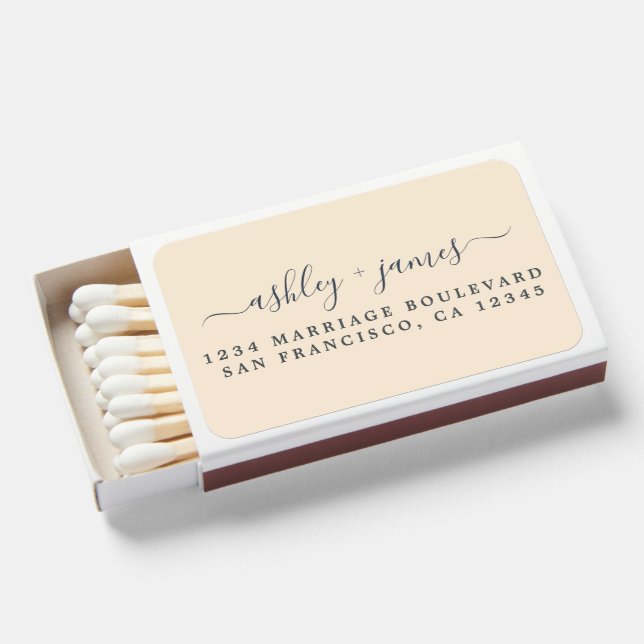 Elegant Script Names Wedding Return Address Ivory Matchboxes (Front Open)