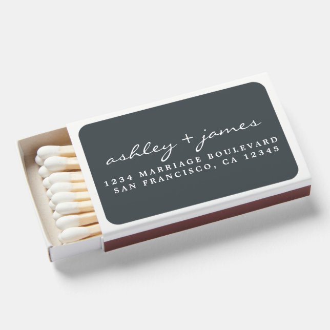 Elegant Script Names Wedding Return Address Matchboxes (Front Open)