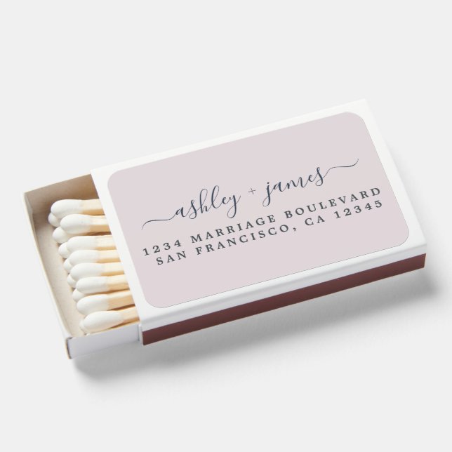 Elegant Script Names Wedding Return Address Purple Matchboxes (Front Open)