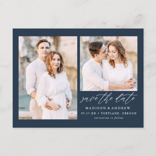 Elegant Script Navy 2 Photo Save the Date Announcement Postcard