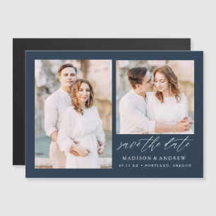 Elegant Script Navy 2 Photo Save the Date Magnetic Invitation