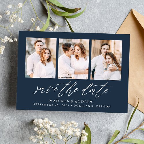 Elegant Script Navy 3 Photo Collage Save The Date