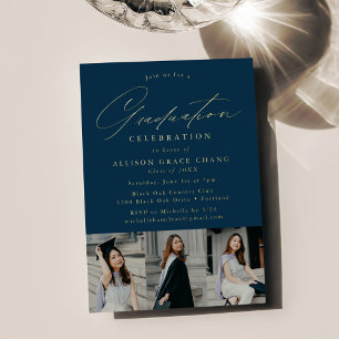 Elegant Script Navy 3 Photo Graduation Party Foil Invitation