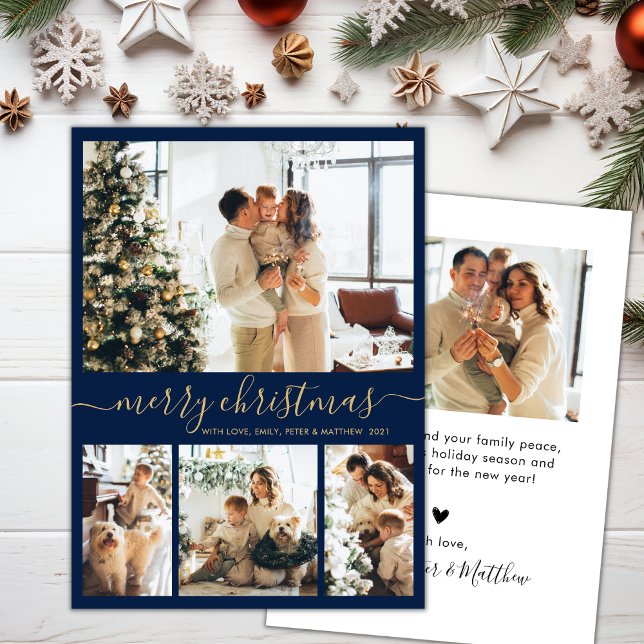 Elegant Script Navy 4 Photo Collage Christmas Holiday Card (Creator Uploaded)