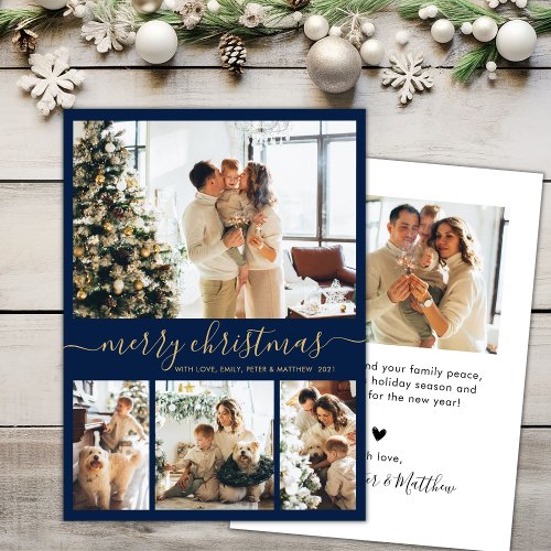Elegant Script Navy 4 Photo Collage Christmas Holiday Card