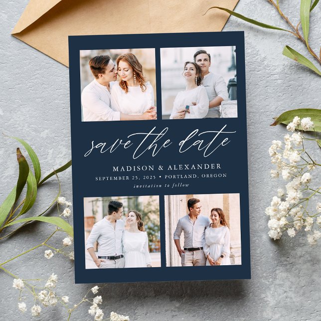 Elegant Script Navy 4 Photo Collage Save The Date (Creator Uploaded)
