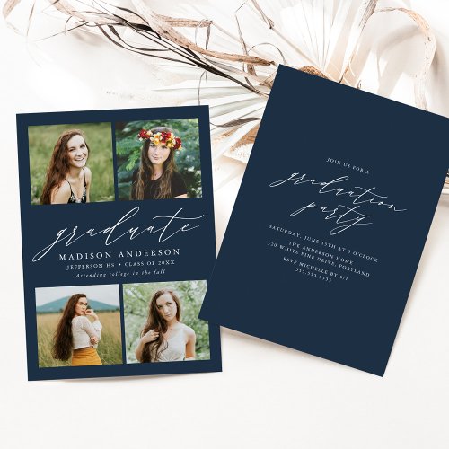 Elegant Script Navy 4 Photo Graduation Party Invitation