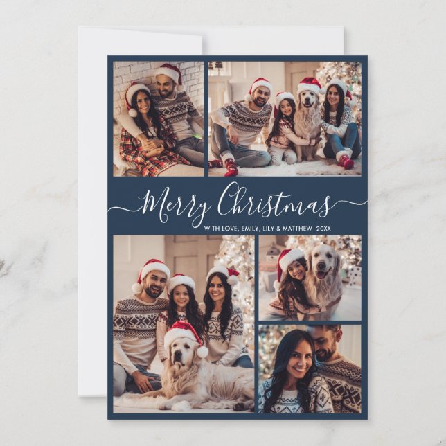Elegant Script Navy 5 Photo Collage Christmas Holiday Card (Front)
