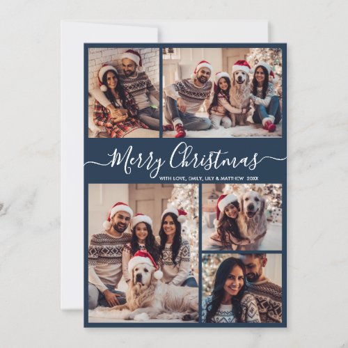 Elegant Script Navy 5 Photo Collage Christmas Holiday Card