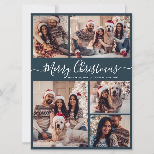 Elegant Script Navy 5 Photo Collage Christmas Holiday Card