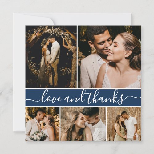 Elegant Script Navy 5 Photo Collage Wedding Thank You Card