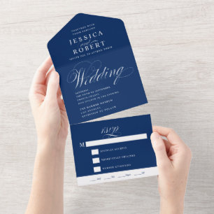 Elegant Script Navy and White Calligraphy Wedding All In One Invitation
