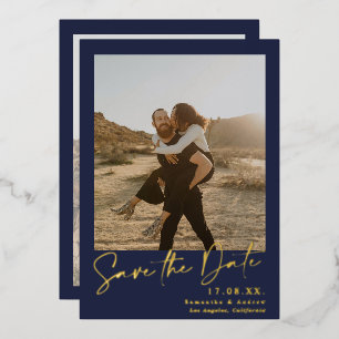 Elegant script navy blue 2 photos save the date foil invitation