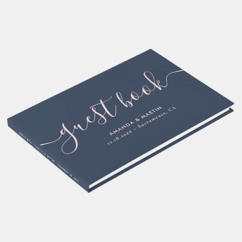 Elegant Script Navy Blue and Blush Wedding Guest Book