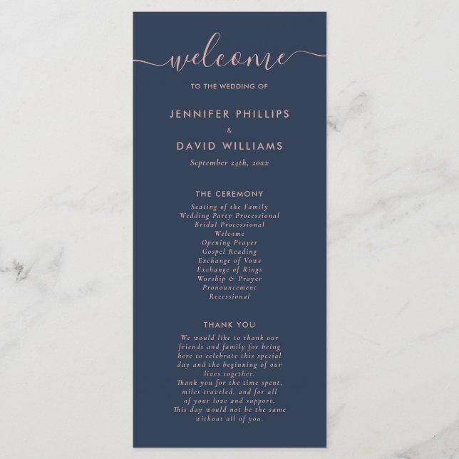 Elegant Script Navy Blue and Blush Wedding Program (Front)