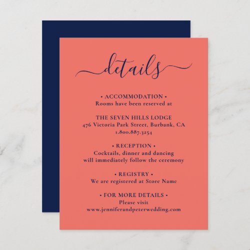 Elegant Script Navy Blue and Coral Wedding Details Enclosure Card