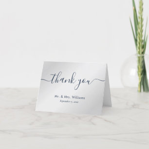 Elegant Script Navy Blue and Silver Letterpress Thank You Card