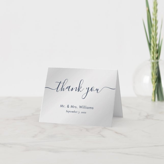 Elegant Script Navy Blue and Silver Thank You Card (Front)