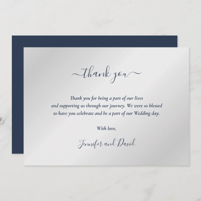 Elegant Script Navy Blue and Silver Thank You Card (Front/Back)