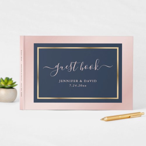 Elegant Script Navy Blue Blush and Gold Wedding Guest Book