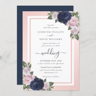 Elegant Script Navy Blue Blush Floral Wedding Invitation