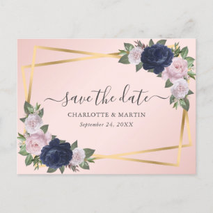 Elegant Script Navy Blue Blush Gold Save The Date Announcement Postcard