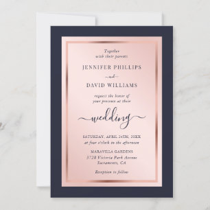 Elegant Script Navy Blue Blush Rose Gold Wedding Invitation