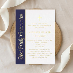 Elegant Script Navy Blue Boy First Communion Gold Foil Invitation