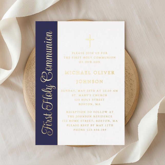 Elegant Script Navy Blue Boy First Communion Gold Foil Invitation (Elegant Script Navy Blue Boy First Communion Gold Foil Invitation)