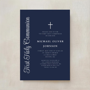Elegant Script Navy Blue Boy First Communion Invitation