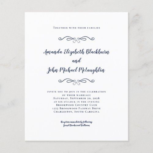 Elegant Script Navy Blue Budget Wedding Invitation