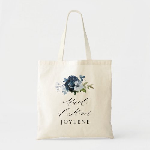 elegant script navy blue floral maid of honor tote bag