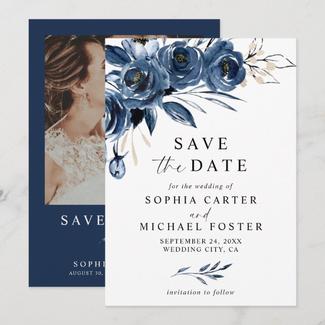 Elegant Script Navy Blue Floral Photo Wedding Save The Date (Front/Back)