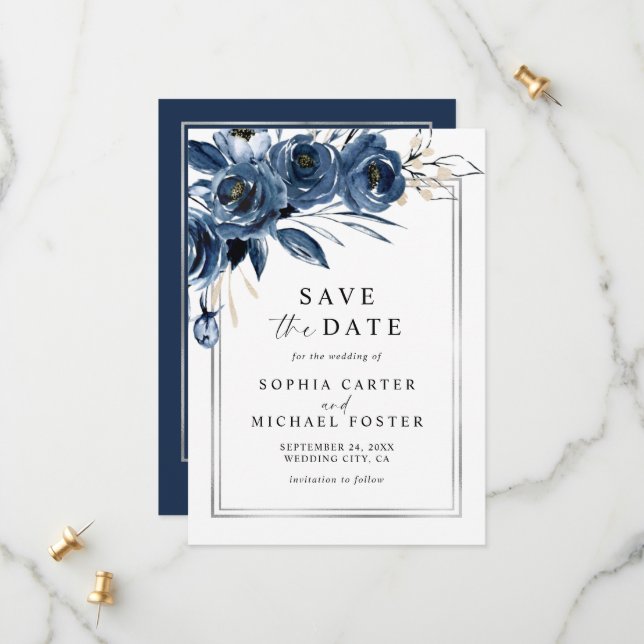 Elegant Script Navy Blue Floral Photo Wedding Save The Date (Front/Back In Situ)