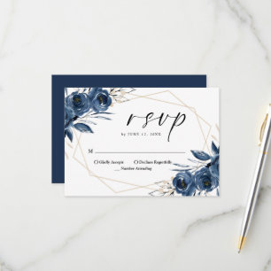 Elegant Script Navy Blue Floral Wedding RSVP Card