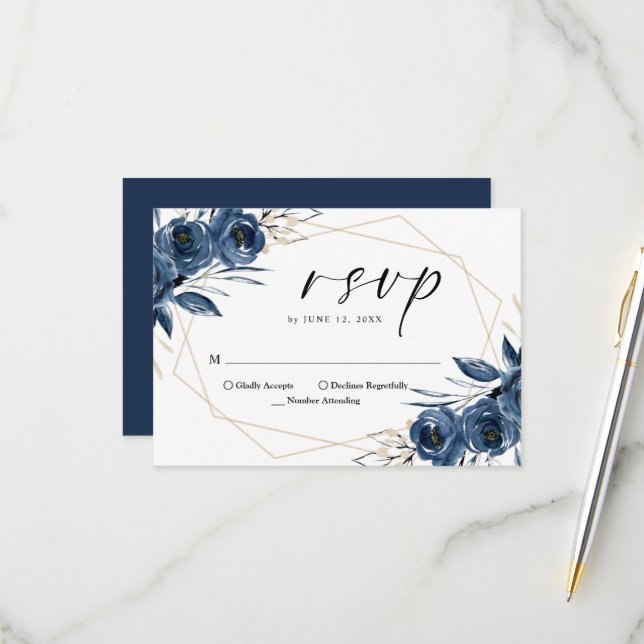 Elegant Script Navy Blue Floral Wedding RSVP Card (Front/Back In Situ)